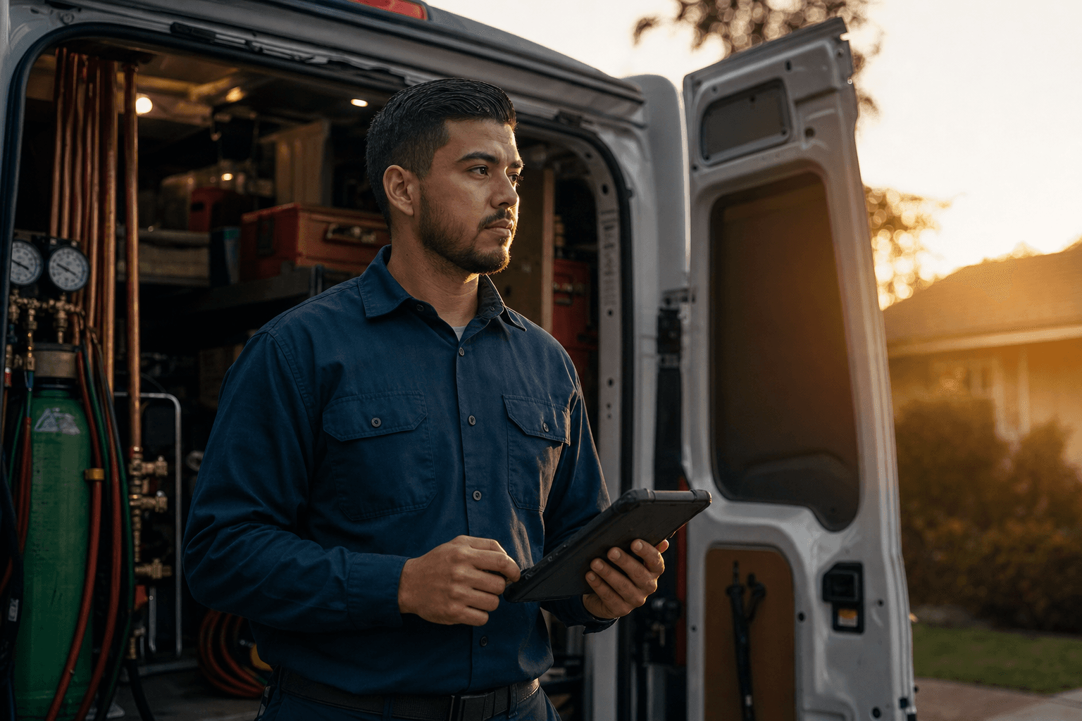 A field technician working beside a service vehicle
